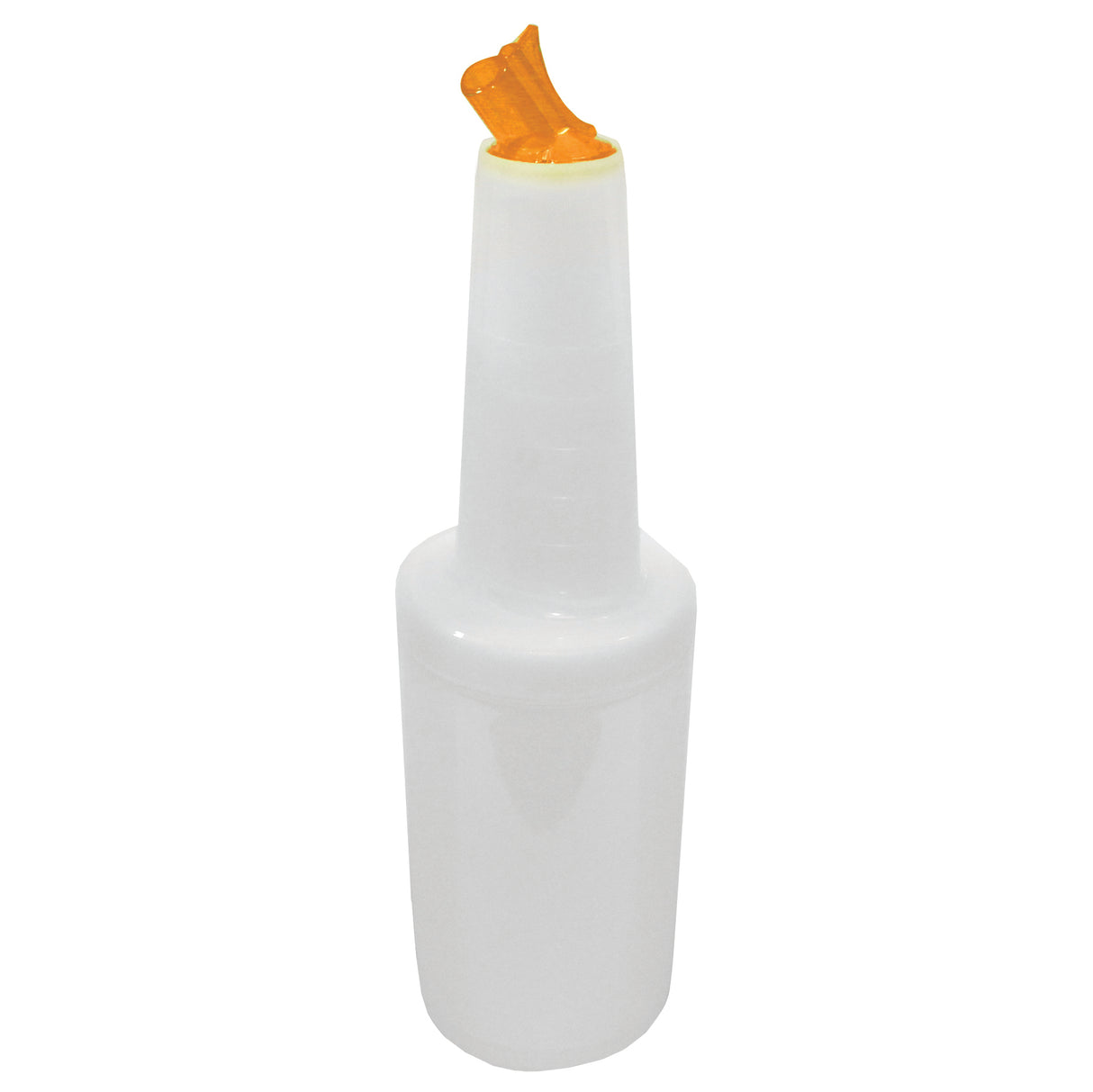 A white plastic PourMaster Complete Unit bottle with a tall, narrow neck and an orange, color-coded pour spout cap. The cap is partially open, revealing the orange top. The plain bottle stands upright on a white background.