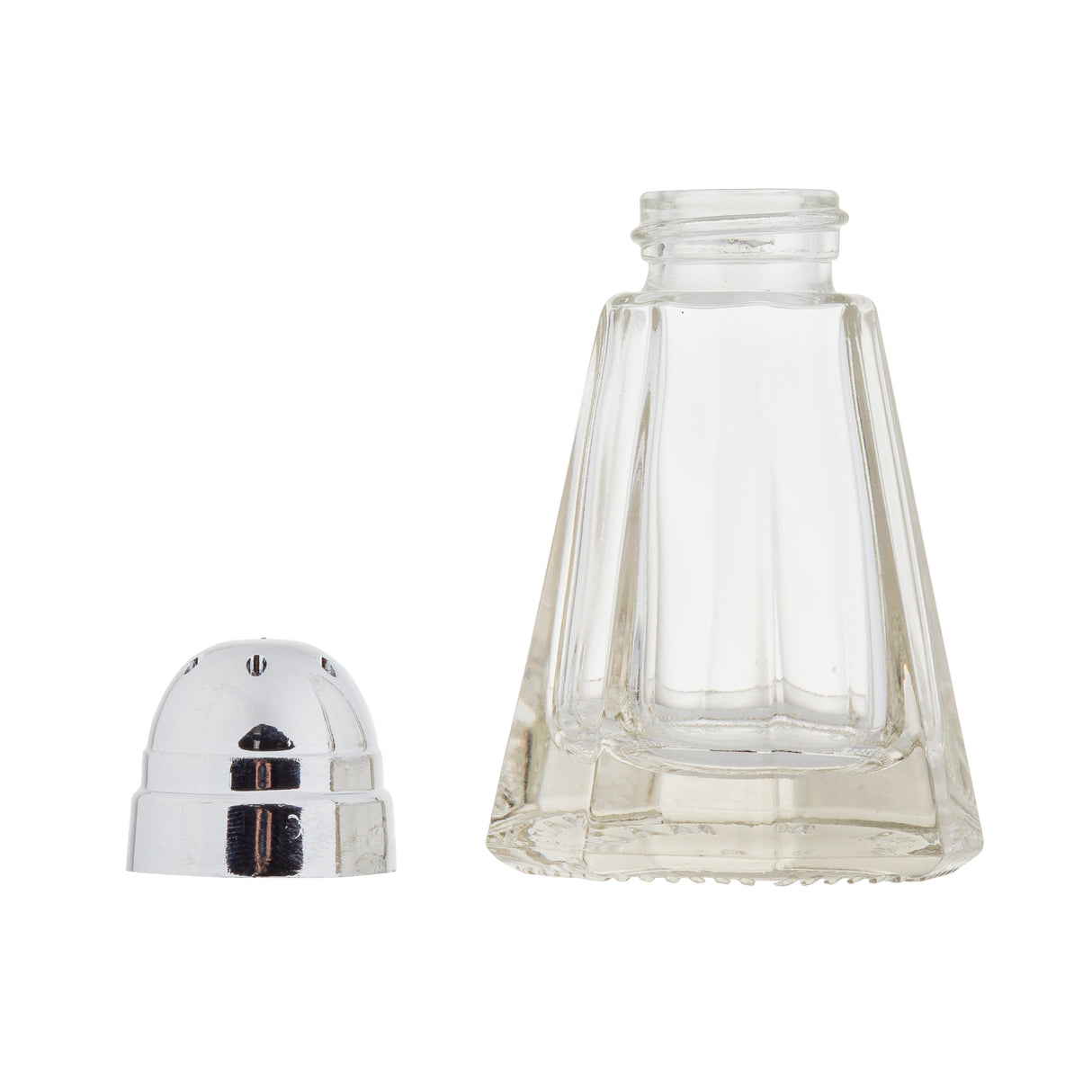 A clear, paneled glass salt/pepper shaker with a geometric design stands upright next to its detached, dome-shaped metal lid, both set against a plain white background. This shaker is also dishwasher safe for easy cleaning.