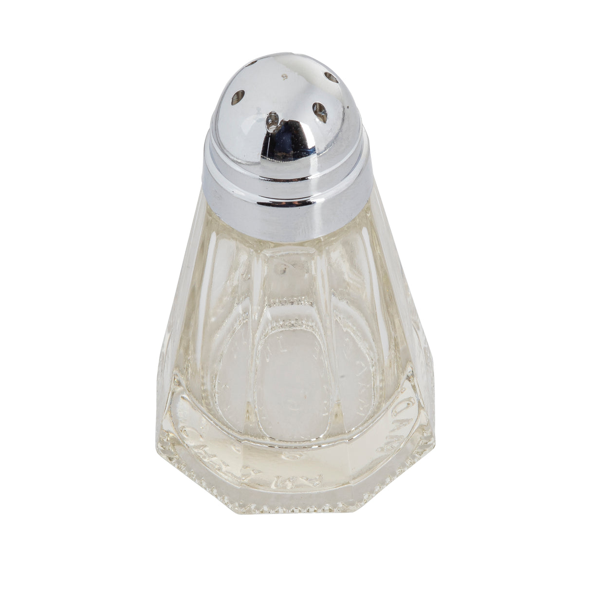 A clear, faceted glass salt shaker with a stainless steel top featuring several small holes for dispensing salt. The shaker, part of a classic Salt & Pepper Shakers set, is empty and photographed against a white background.