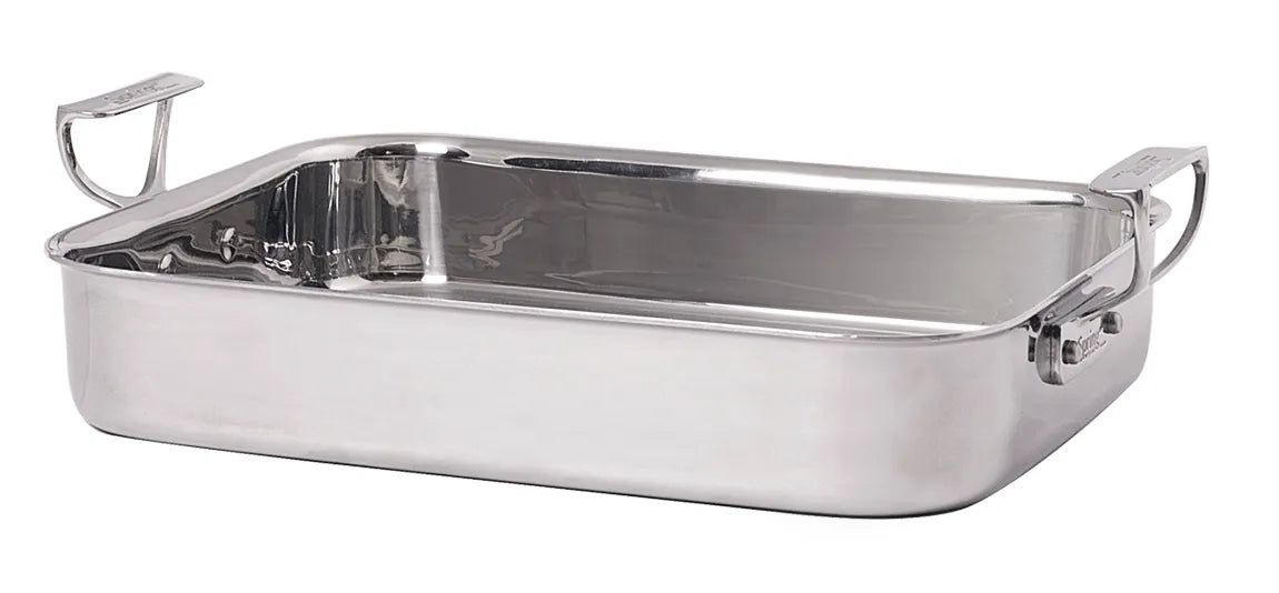 A 3 qt stainless steel buffet roaster with high sides and two large, sturdy handles. The shiny, reflective pan is rectangular and empty, displayed against a plain white background.