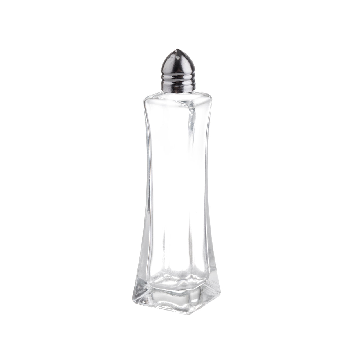 A clear, empty glass salt shaker with a slightly curved rectangular glass body and a shiny, metal screw-on lid, shown standing upright on a white background. Part of our Salt & Pepper Shakers collection and conveniently dishwasher safe.