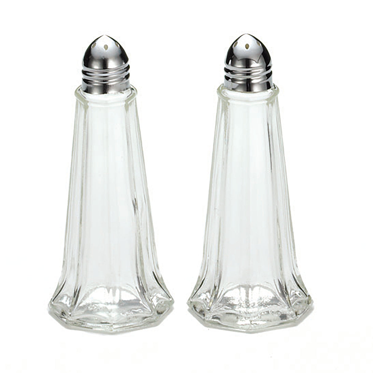Two clear glass salt and pepper shakers with hexagonal bases and nickel plated tops stand side by side on a white background. Both containers, similar to the classic Eiffel Tower Salt/Pepper Shaker, are empty.