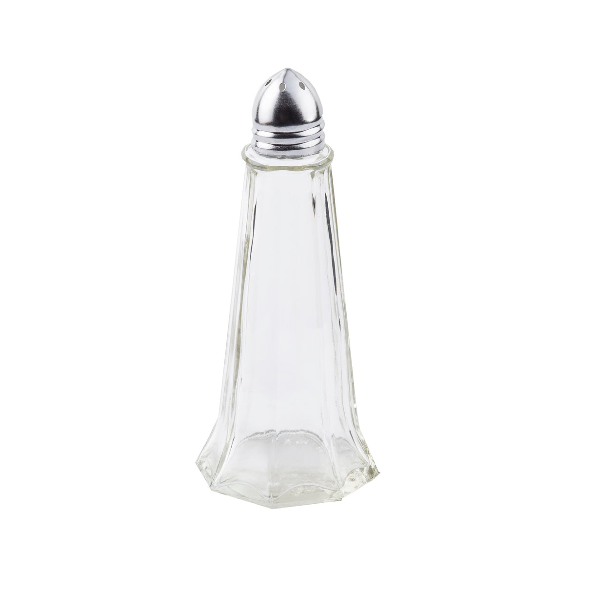 A clear, empty, faceted glass salt shaker with a shiny, nickel plated top stands upright on a white background. The lid has small holes for dispensing salt. This classic design is reminiscent of an Eiffel Tower Salt/Pepper Shaker.