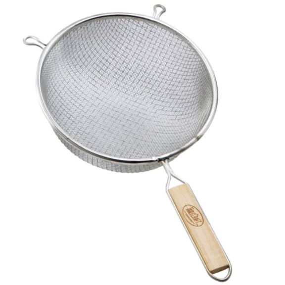 A tinned metal mesh strainer with a round bowl, two small support hooks on the rim, and a wooden handle featuring a hole at the end for hanging. The double fine mesh is tightly woven, ideal for straining liquids or sifting dry ingredients.