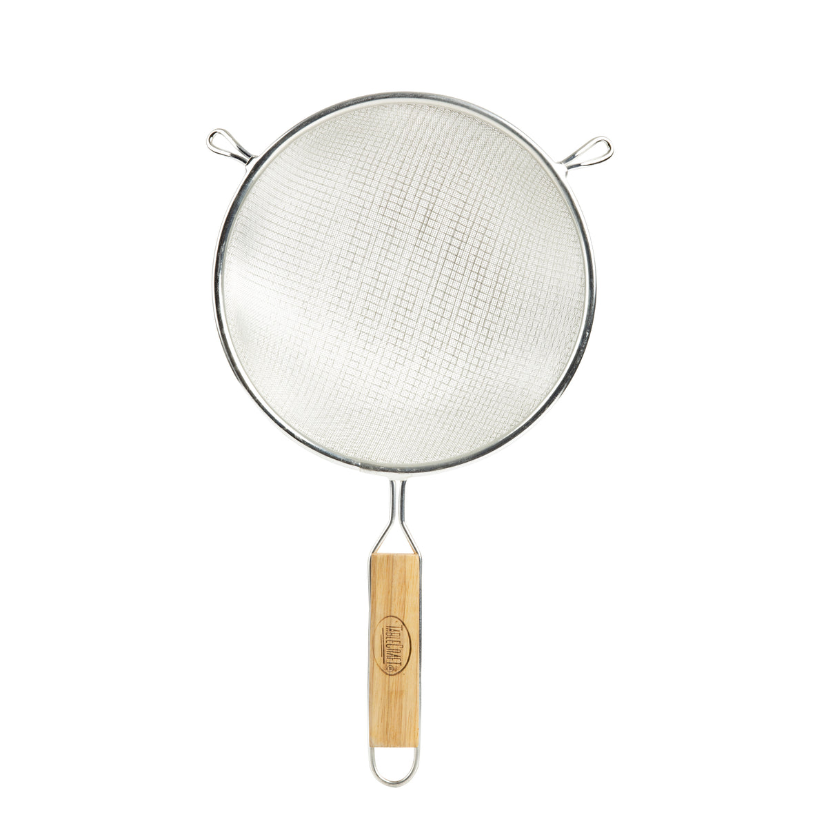 A tinned metal mesh strainer with double fine mesh, round shape, and two small side hooks. It features a wooden handle with a metal loop at the end for hanging, displayed against a white background.