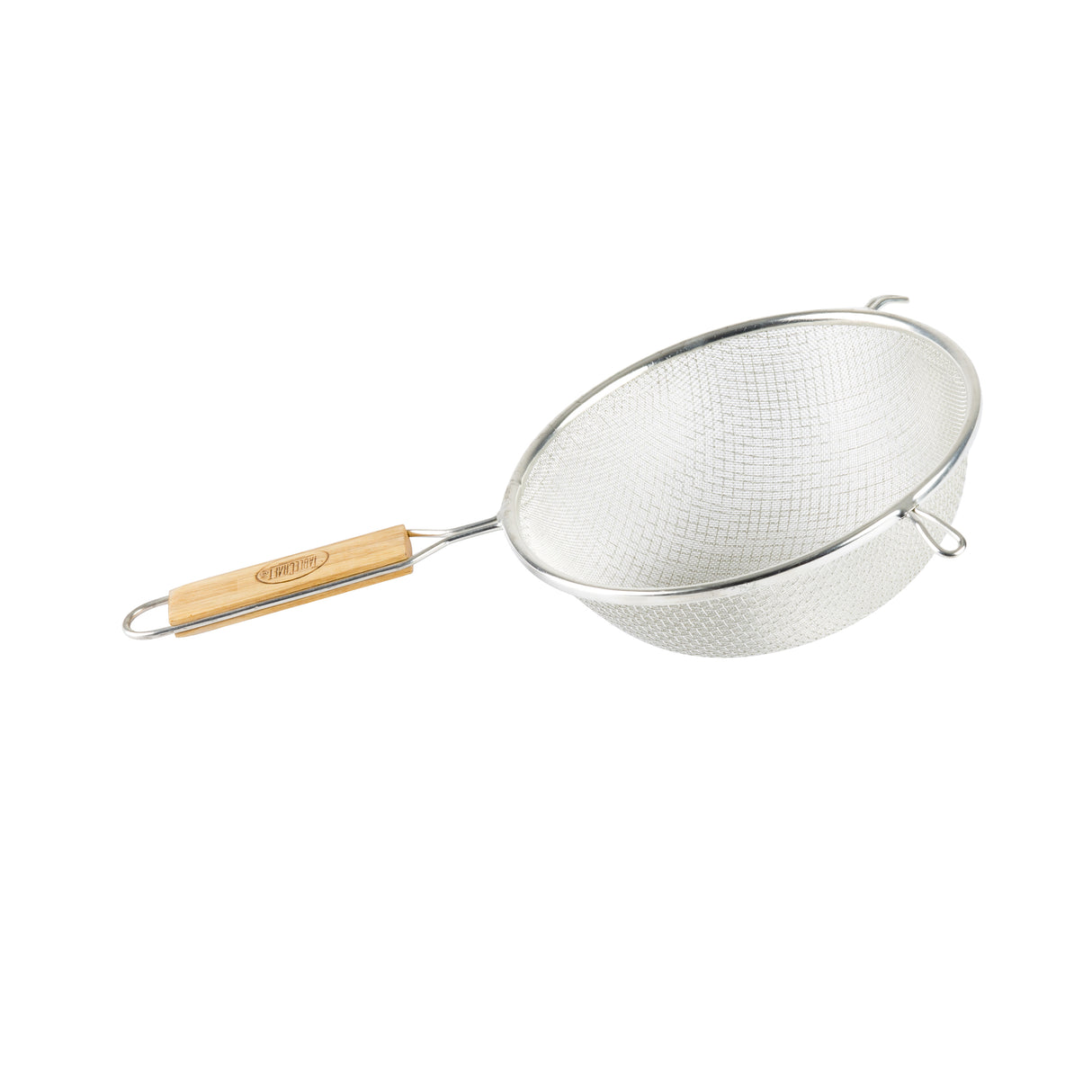 A tinned metal wire strainer with a round bowl shape and double fine mesh, featuring a wooden handle with a wood grain texture and engraved brand logo, plus a small metal hook on the opposite side for resting on bowls or pots.