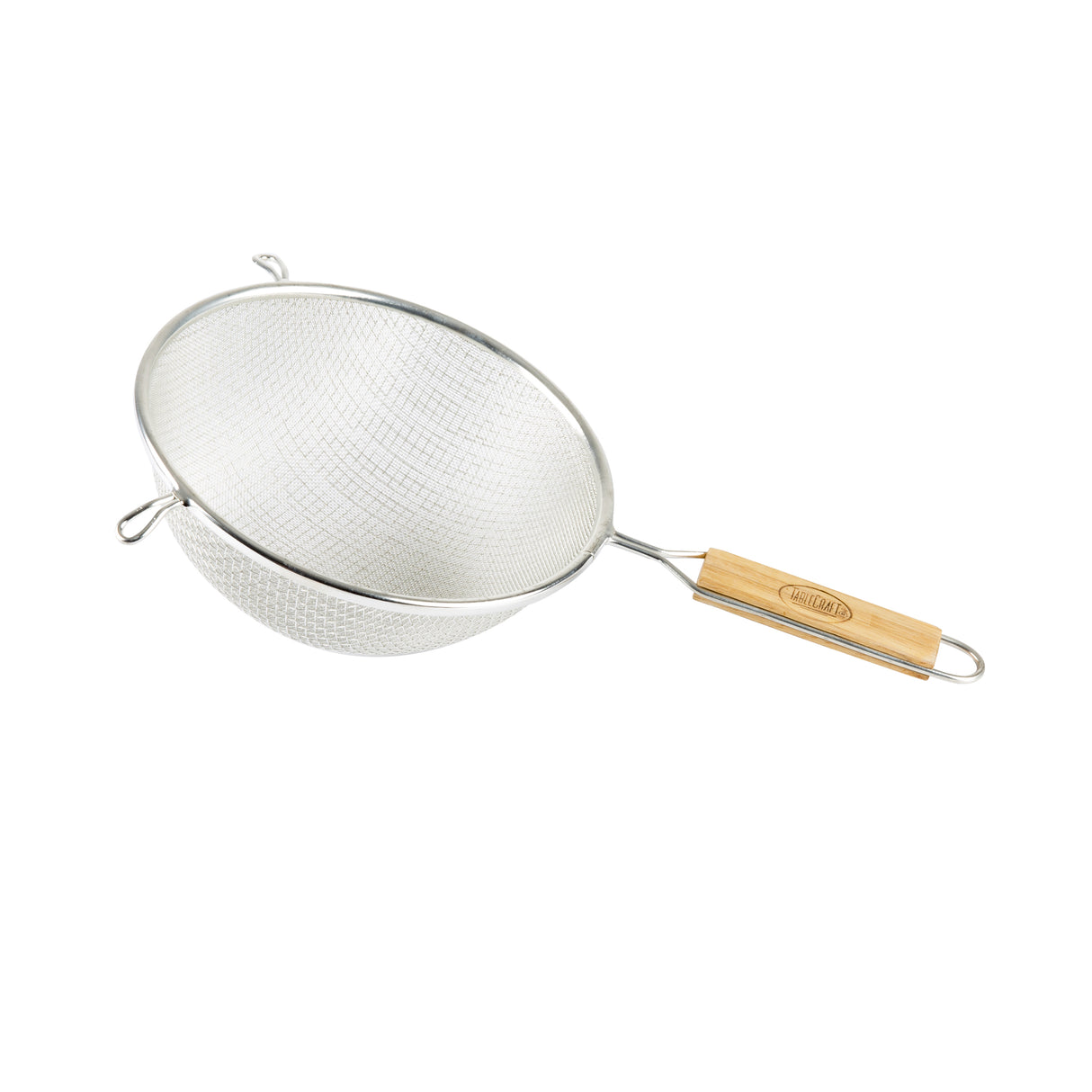 A tinned metal mesh strainer with a double fine mesh wire net, round bowl shape, and two support hooks on the rim. It features a straight light-colored wooden handle with a metal end loop for hanging. Background is plain white.