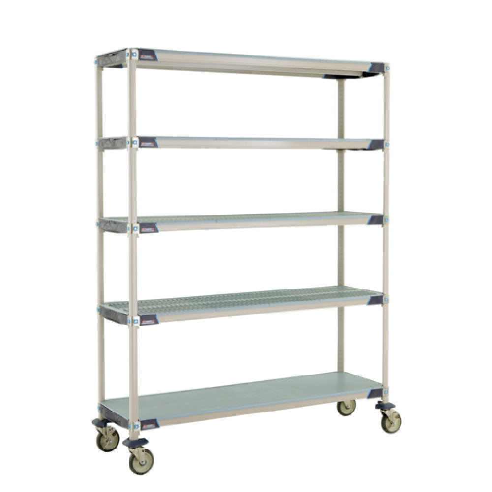 Metro 5X367EGX3 MetroMax® I Mobile Shelving Unit 60"W X 18"D X 80"H (4) Corrosion Proof Open Grid Shelves With Removable Shelf Mats & (1) Corrosion Proof Solid Shelf With Removable Shelf Mat