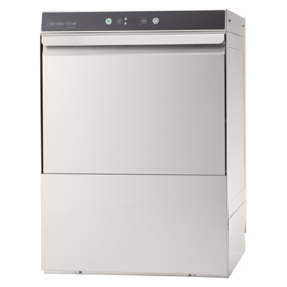A stainless steel Centerline Dishwasher with a rectangular front, handle on top, dark control panel with buttons and indicator lights, and smooth sides. This undercounter dishwasher boasts a modern and industrial design while offering high temperature sanitizing for maximum cleaning efficiency.