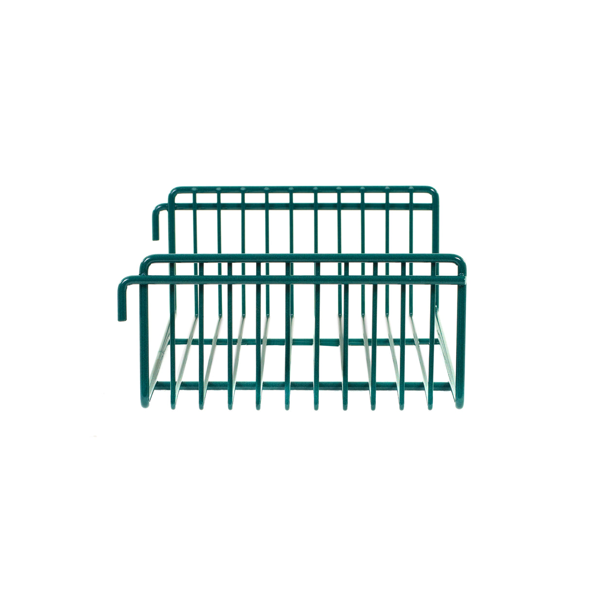 A green metal SmartWall Light-Duty Grid Shelf with two levels, open at the front and top, is designed for organizing items. The rack features evenly spaced vertical bars and a simple rectangular shape, set against a plain white background.