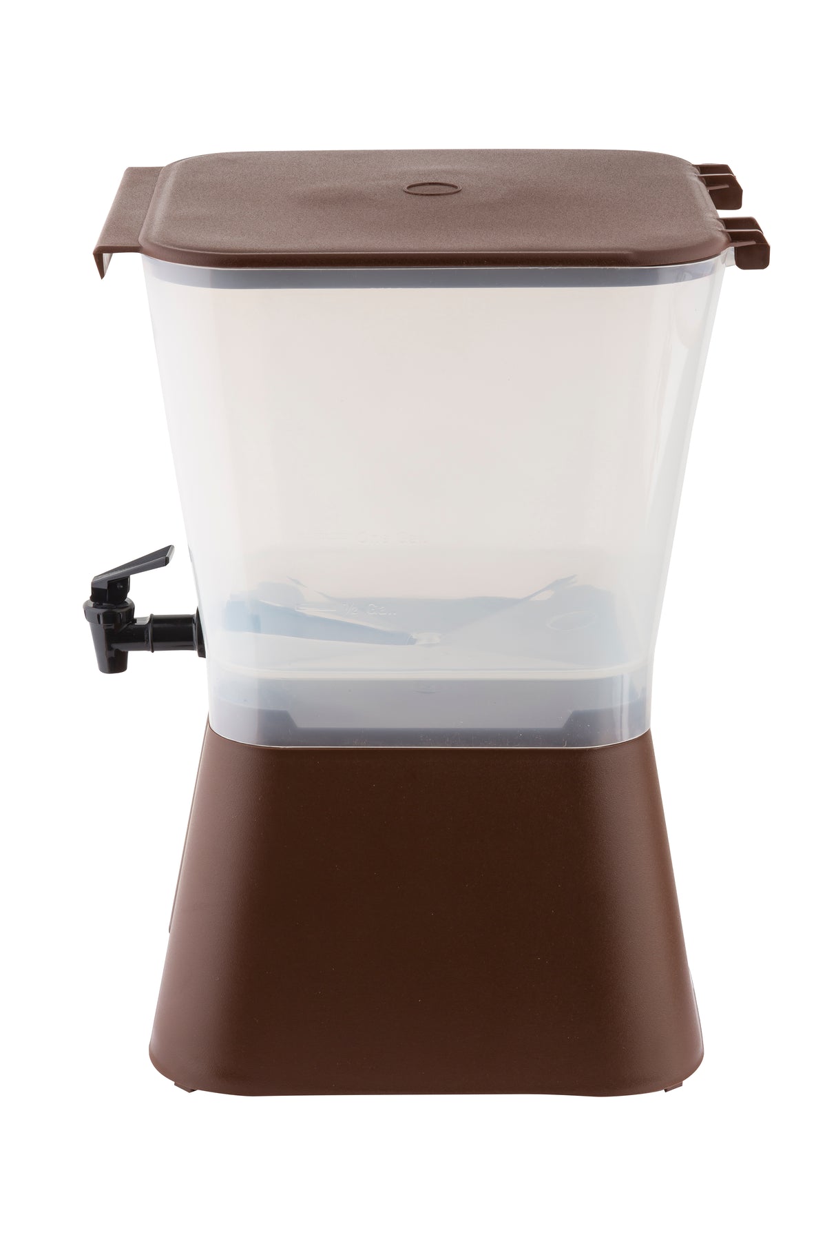 A transparent 3 gallon beverage dispenser with a brown lid and base, featuring a black spigot on the left for easy pouring. The square container sits on a slanted base, is empty inside, and is dishwasher safe. The background is white.