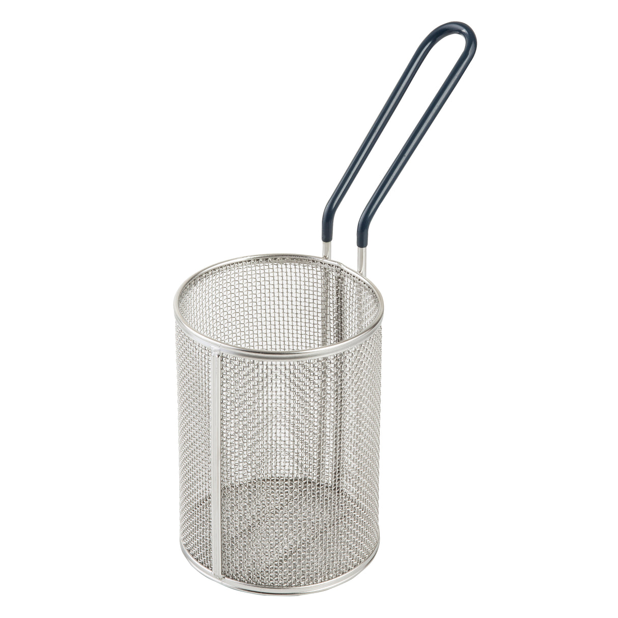 A stainless steel pasta basket with a flat bottom and a long, black, U-shaped handle is designed for frying or boiling food. The mesh allows liquid to drain through while holding food inside, and it is dishwasher safe for easy cleaning.