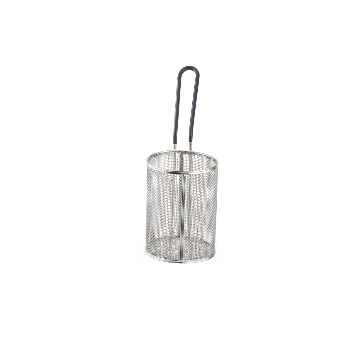 A small, cylindrical stainless steel wire mesh basket with a long, black plastic-coated handle. Ideal as a pasta basket or for deep frying and draining food, it stands upright on a white background and is dishwasher safe for easy cleaning.
