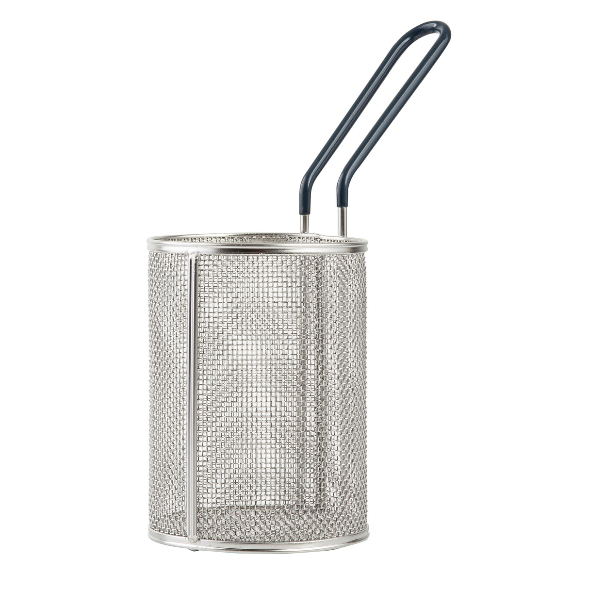 A cylindrical stainless steel wire mesh pasta basket with a flat base and two dark blue handles, designed for frying or draining food. The mesh allows liquid to pass through, while angled handles offer easy gripping. Dishwasher safe for convenience.