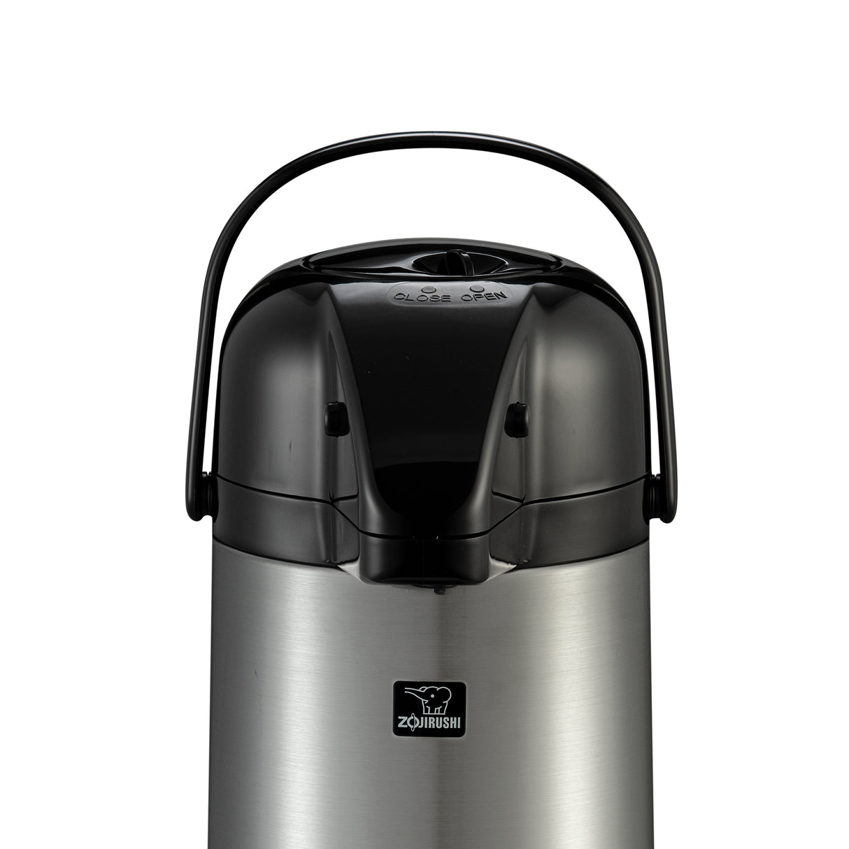 A stainless steel Zojirushi Airpot with a black plastic lid and handle. Featuring a stainless steel vacuum liner for superior heat retention, the lid has a spout and push button, plus “CLOSE/OPEN.” The body displays the Zojirushi elephant logo.