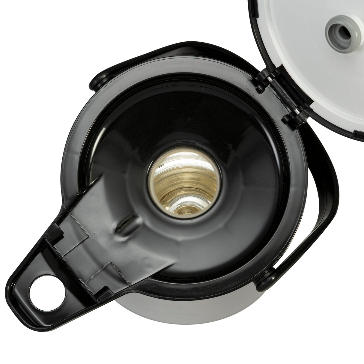 Top-down view of an open thermos flask. The black plastic lid is hinged open, revealing the shiny stainless steel vacuum liner for superior heat retention. The circular mouth and lid feature a pouring spout and a hole for easy carrying or hanging, Airpot style.