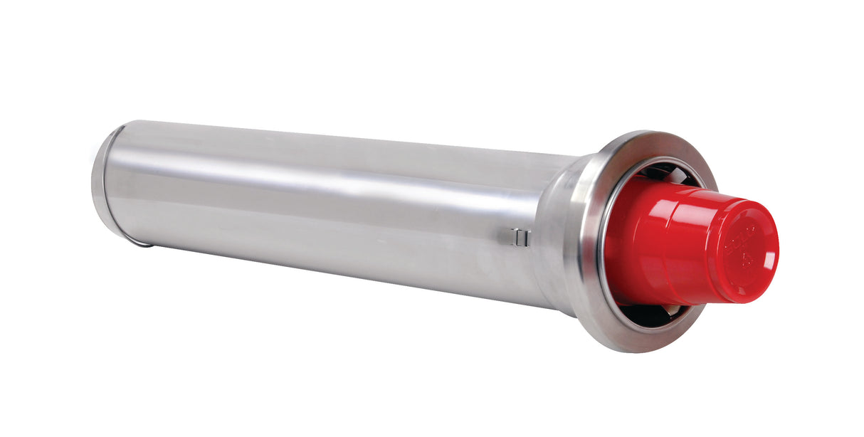 A cylindrical stainless steel cup dispenser with a flange at one end and a bright red plastic cap covering the opening. The adjustable in-counter tube lies on its side against a white background, its surface shiny and reflective.
