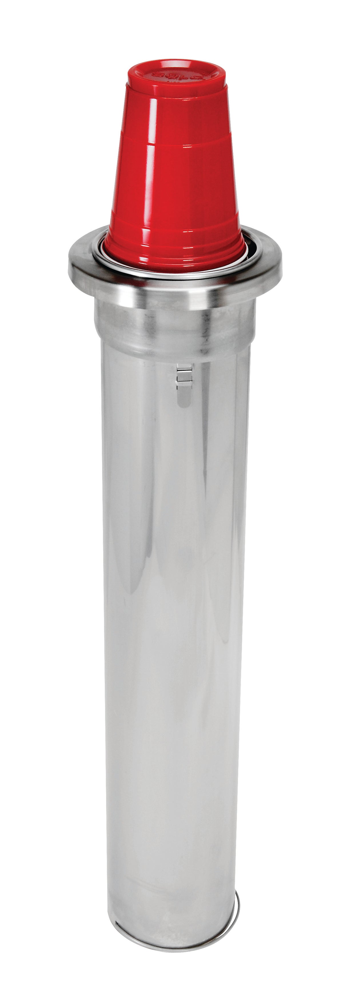 A stainless steel cup dispenser holds a stack of nested red plastic cups. The adjustable in-counter design features a reflective, smooth cylindrical base with a wide rim, and the cups protrude from the top against a plain white background.