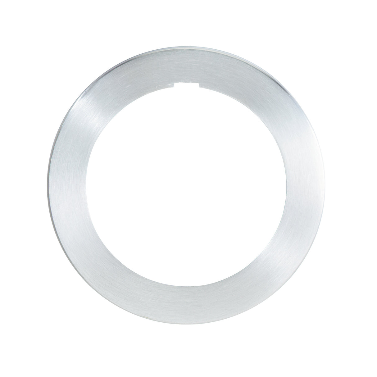 A metallic silver ring with a smooth, brushed finish is shown against a white background. Resembling a sleek component of an adjustable in-counter dispenser, the ring is flat and thin, with a circular, open center and a small notch on the top edge.