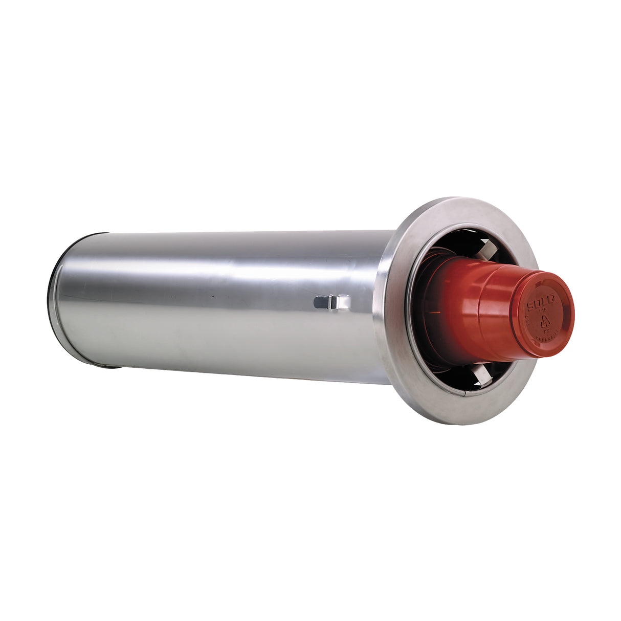 A cylindrical metal duct, resembling a stainless steel cup dispenser with a shiny silver finish and wide circular flange on one end. A red plastic cap with embossed markings fits the opening. The duct is photographed against a plain white background.