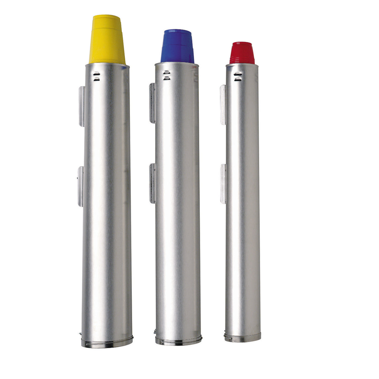 Three pen-shaped objects stand upright, each with a colored cap: yellow, blue, and red. All feature side clips and a sleek, adjustable stainless steel body. The background is plain white.