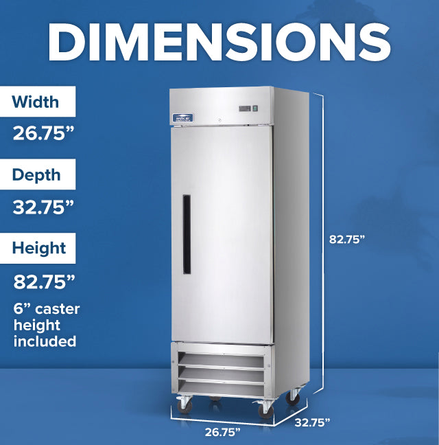 A tall, single-door commercial freezer stands on casters against a blue background. White text shows dimensions: width 26.75, depth 32.75, height 82.75 (including 6 casters). Lines and arrows indicate the measurements.