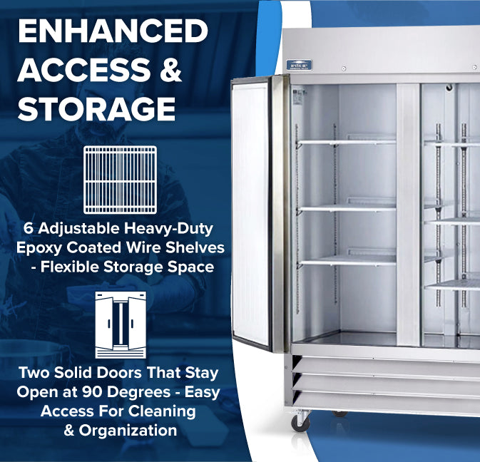 A large stainless steel commercial freezer with two open glass doors displays six adjustable wire shelves inside. Features include Enhanced Access & Storage, heavy-duty shelves, and doors that open at 90°—perfect for the Arctic Air AF49.