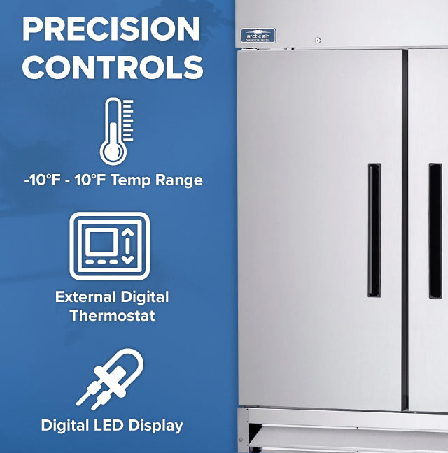 A close-up of an Arctic Air AF49 reach-in freezer with two vertical handles is shown on the right. On the left, a blue background displays “PRECISION CONTROLS” with icons for temperature range, external digital thermostat, and digital LED display.