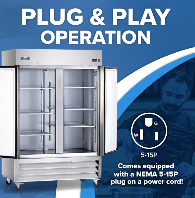 A commercial refrigerator, like the Arctic Air AF49 reach-in freezer, stands with both doors open to reveal empty shelves. Bold text reads “PLUG & PLAY OPERATION.” Below is a 5-15P plug diagram and a note about its NEMA 5-15P-equipped power cord. A man works in the background.
