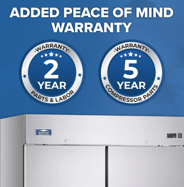 A blue banner reads “ADDED PEACE OF MIND WARRANTY” above two warranty icons: “2 YEAR WARRANTY PARTS & LABOR” and “5 YEAR WARRANTY COMPRESSOR PARTS.” Below is an Arctic Air AF49 commercial reach-in freezer in stainless steel.