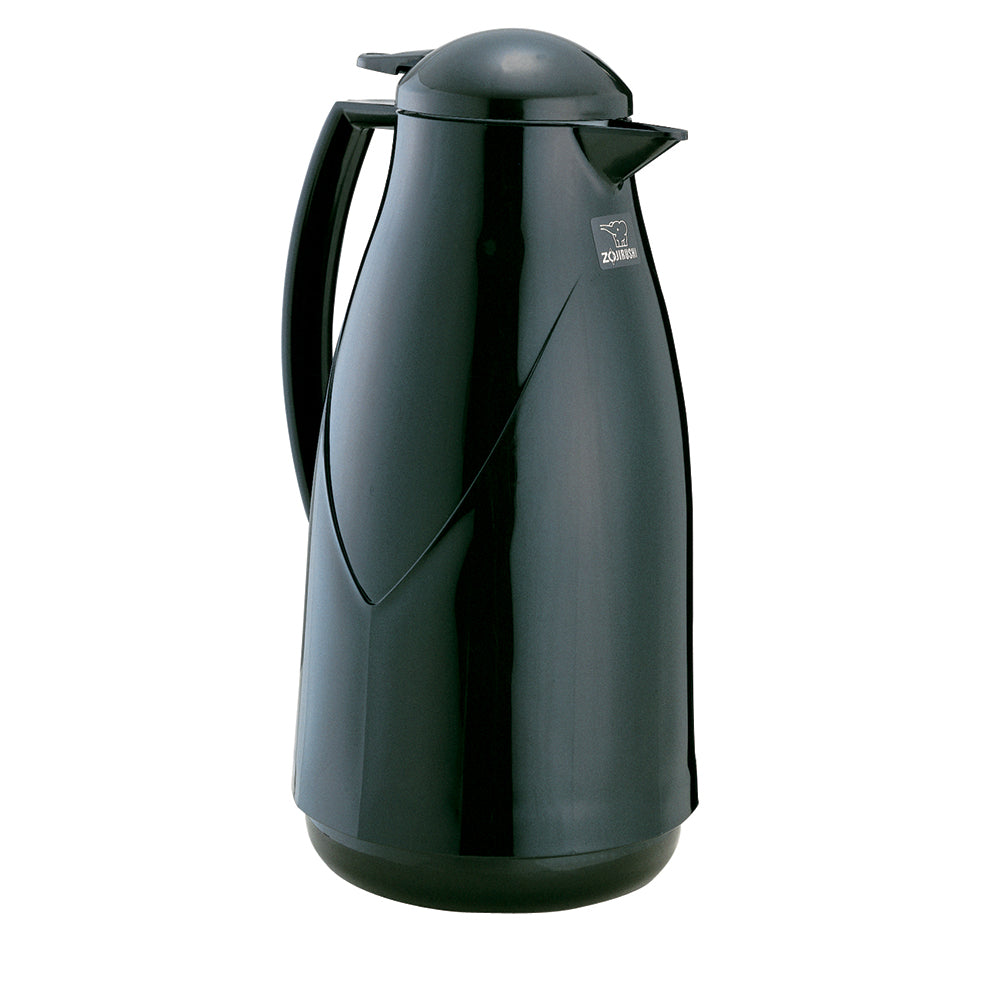 A sleek, black thermal carafe with a vacuum glass liner for superior heat retention. It features a curved, glossy body, large ergonomic handle, and a spout with a hinged lid. The Zojirushi logo is visible near the top.