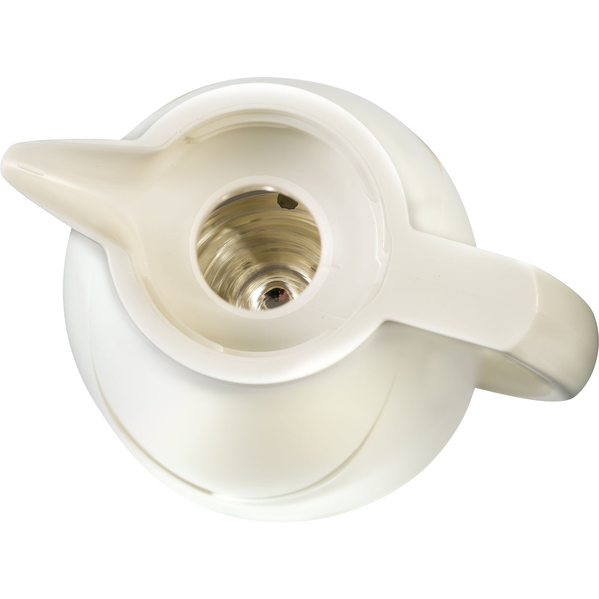 A top-down view of a white Beverage Server or thermos with a handle on the right and spout on the left. The lid is off, revealing its shiny, metallic vacuum glass liner for optimal heat retention against a plain white background.