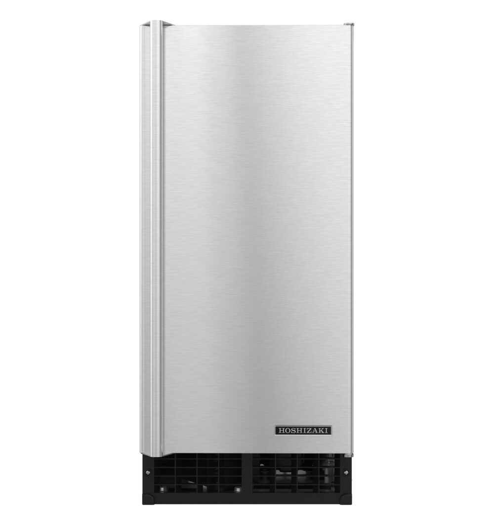 A tall, stainless steel Hoshizaki cube-style ice maker with a sleek, rectangular design. It features a vertical handle on the left and a black vent grille at the bottom front, with the Hoshizaki logo displayed above the vent.