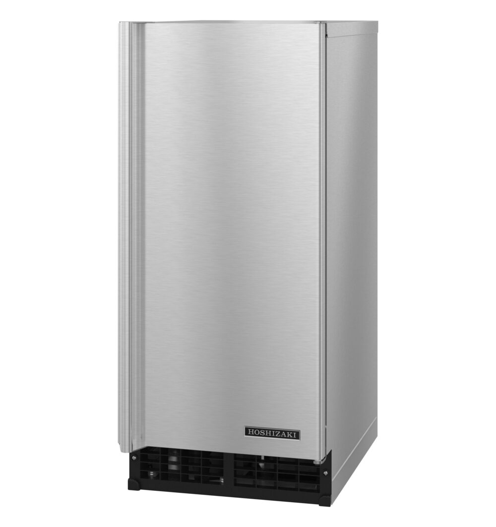 A sleek, stainless steel Hoshizaki cube-style ice maker with a rectangular shape. The front features a smooth door, vertical handle on the left, and a vented black grille at the bottom. The Hoshizaki brand name is displayed on the lower front.
