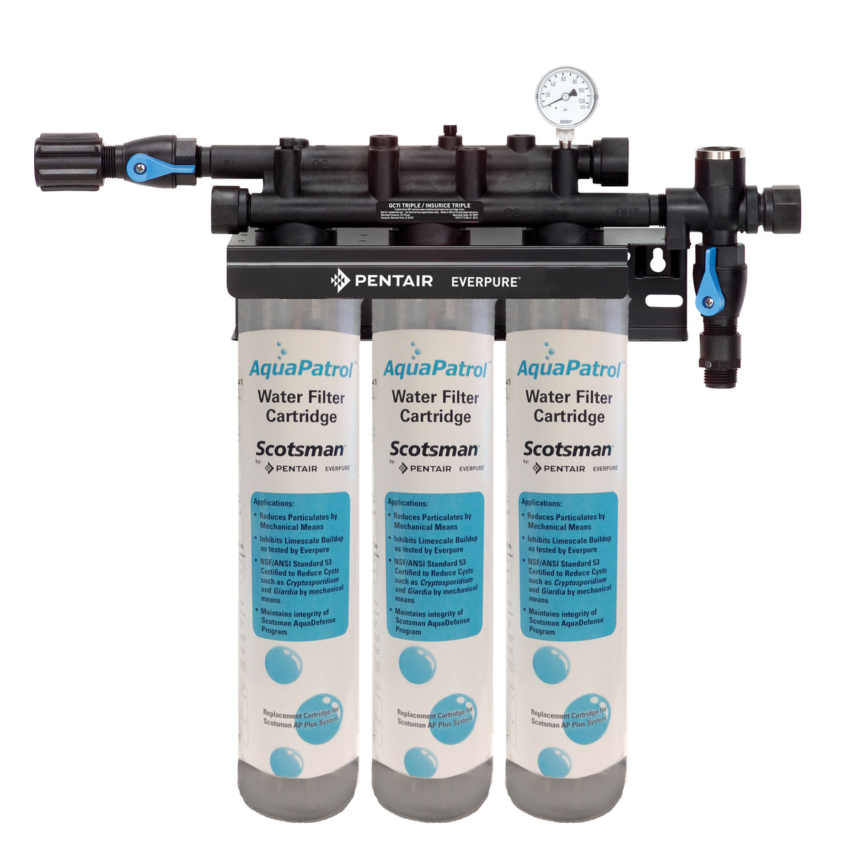 A triple-stage AquaPatrol Plus Water Filtration System labeled Pentair Everpure, designed for cubers over 1, features three Scotsman-branded vertical filter cartridges, a pressure gauge on top, and multiple inlet/outlet valves and connectors.