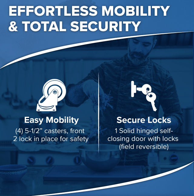 A man mixes ingredients in a kitchen near a stainless steel refrigerator. The text reads: Effortless Mobility & Total Security. Icons highlight Easy Mobility with four 5.5-inch casters and locks, plus Secure Locks with a hinged self-closing door and field-reversible locks.