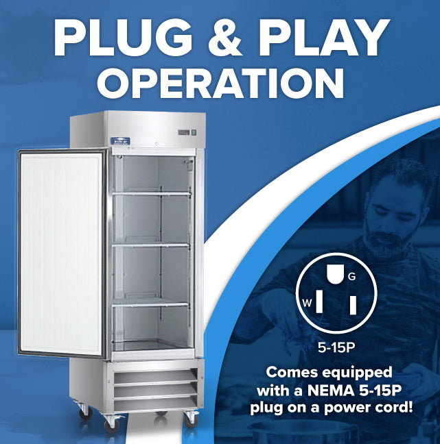A commercial reach-in refrigerator with its door open stands on caster wheels. Large text reads “PLUG & PLAY OPERATION.” An icon shows a 5-15P plug. Caption: “Comes equipped with a NEMA 5-15P plug on a power cord!” A faint image of a man is in the background.