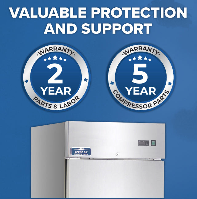 A stainless steel commercial refrigerator from Arctic Air is pictured below two warranty badges. One says 2 Year Warranty Parts & Labor, the other 5 Year Warranty Compressor Parts. At the top, bold text reads Valuable Protection and Support.