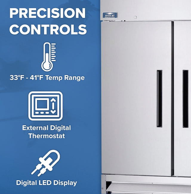 A stainless steel two-section refrigerator is shown on the right. On the left, text reads Precision Controls above icons for a thermometer, digital thermostat, and LED display: 33°F–41°F Temp Range, External Digital Thermostat, and Digital LED Display.