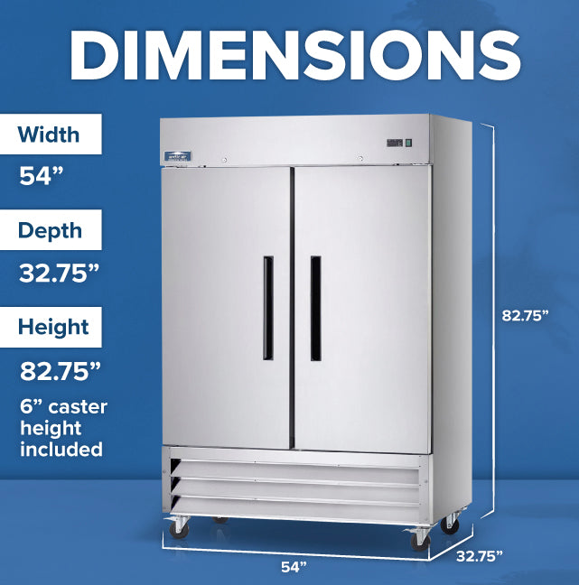 A large, two-section commercial refrigerator with stainless steel finish and two doors is shown. Text indicates its dimensions: 54 inches wide, 32.75 inches deep, and 82.75 inches high, including 6-inch caster wheels, set against a blue background.