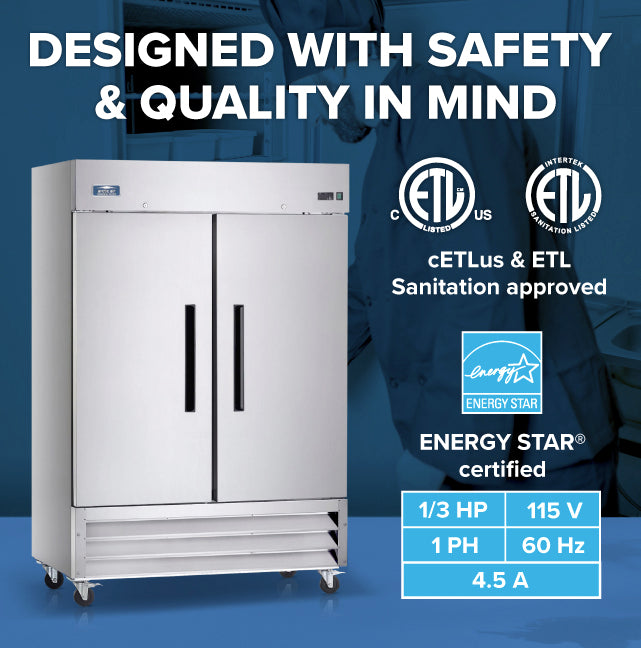 A commercial stainless steel two-section reach-in refrigerator stands in a blue-toned room. Text reads “DESIGNED WITH SAFETY & QUALITY IN MIND,” with certification logos, ENERGY STAR label, and specs: 1/3 HP, 115V, 60Hz, 4.5A.