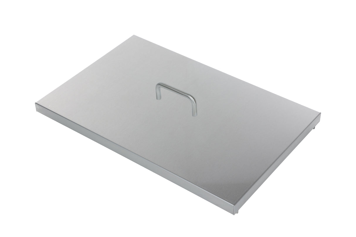 A rectangular stainless steel fryer tank cover with a flat surface and simple, centered handle. This ATFS-50 metal lid features slightly raised edges and a brushed finish, reflecting light for a clean, modern appearance.