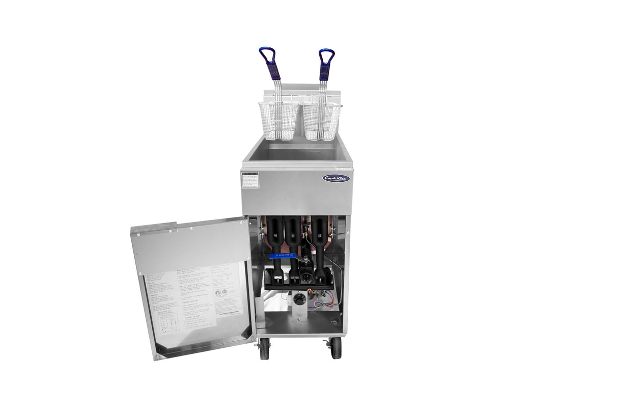 A commercial soft serve ice cream machine on wheels, with its lower front panel open to reveal internal components and a 50 lb. capacity. On top, clear plastic cups and two blue-handled scoopers sit in a small container against a white background.