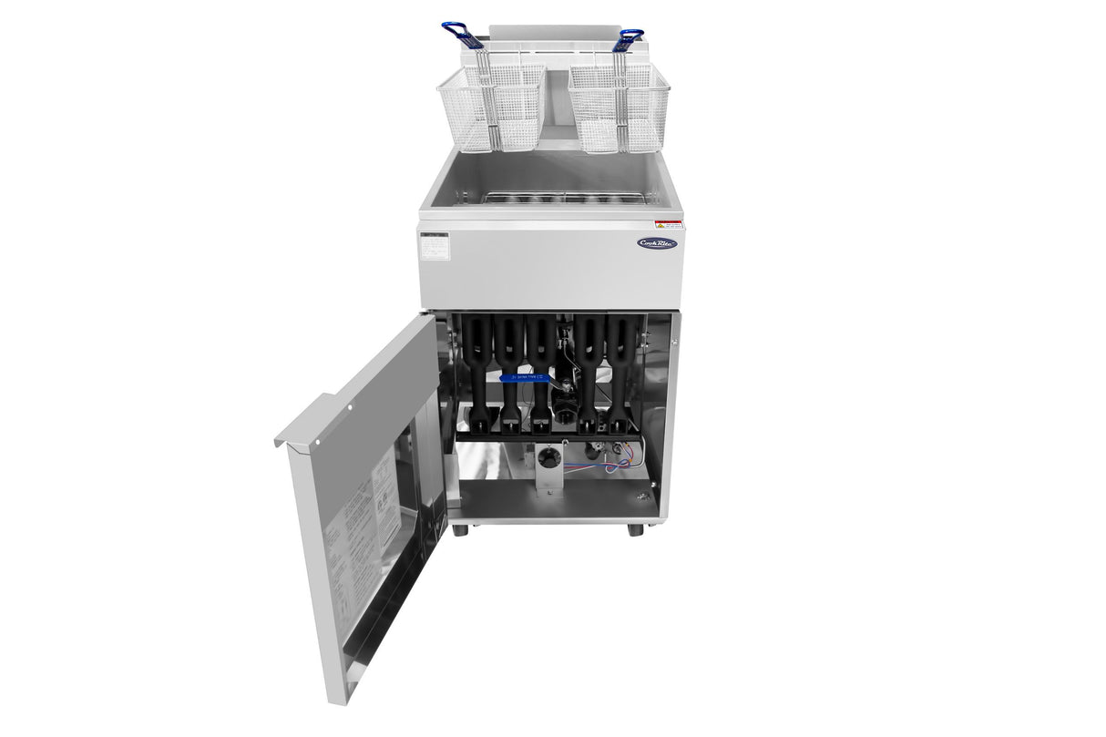 A commercial LP gas deep fryer with a 75 lb. capacity, featuring two metal frying baskets on top. The front door is open, revealing internal components and wiring. Its stainless steel exterior sports a small blue logo in the top right corner.