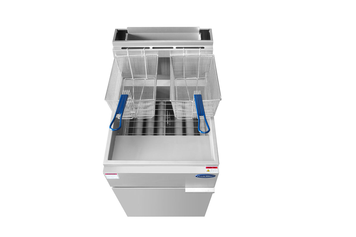 A commercial Atosa ATFS-75 deep fryer with two metal frying baskets, each featuring blue-coated handles, sits open and unused. The stainless steel 75 lb fryer has a front panel with a brand label and warning stickers near the top.