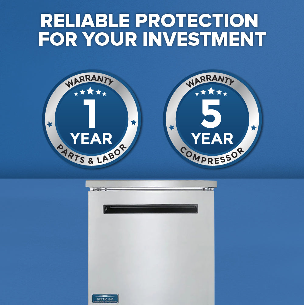 A reach-in freezer with the Arctic Air logo sits against a blue background. Above it, bold text reads Reliable protection for your investment. Two circular icons show 1 Year Warranty Parts & Labor and 5 Year Warranty Compressor.