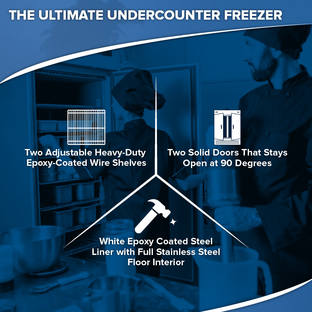 A blue-toned promotional image for the Arctic Air AUC27F undercounter freezer. Features chefs using the freezer work top counter, with text highlighting two adjustable wire shelves, double doors, and a white epoxy-coated steel liner with stainless floor.