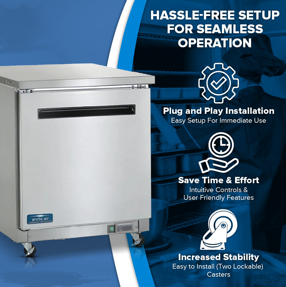 A commercial Arctic Air AUC27F stainless steel reach-in freezer work top counter on wheels is shown on the left. On the right, text highlights hassle-free setup, plug and play installation, time-saving controls, and two lockable casters.