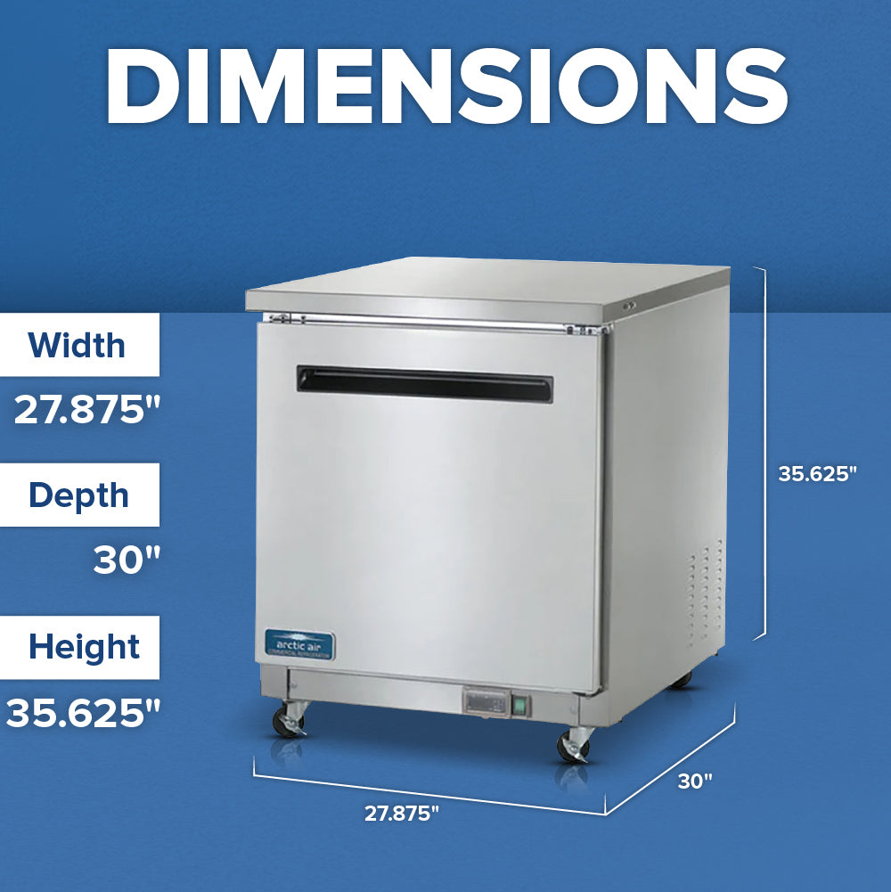 A stainless steel Arctic Air AUC27F reach-in freezer work top counter with a single door and wheels. Dimensions are labeled: width 27.875 inches, depth 30 inches, height 35.625 inches. DIMENSIONS appears in bold white text on a blue background above the fridge.