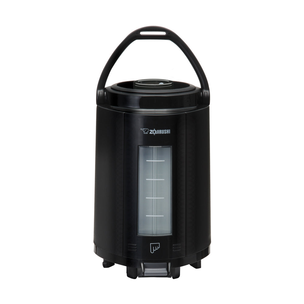 An insulated black Zojirushi beverage dispenser with a cylindrical body, carrying handle on top, transparent vertical window for liquid level, glass vacuum liner, and spigot at the bottom; the brand name appears above the window.
